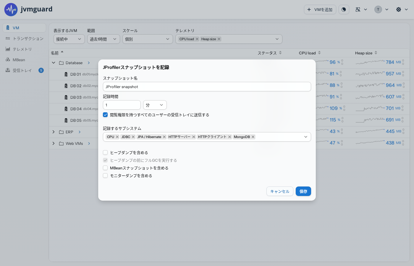 ライブテレメトリとともにJVMフリートを表示するjvmguard Web UIと、サブシステム、ヒープダンプ、MBeanスナップショットのオプションを備えたJProfilerスナップショット記録ダイアログ。